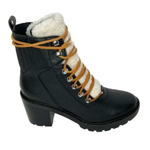 Marc Fisher Black Denise Leather Sheep Fur Combat Moto Ankle Boots Size 7.5M - Picture 8 of 16